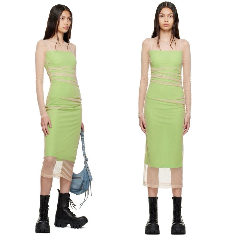 Helmut Lang Tulle Long Sleeve Midi Dress Green Sandstorm Small EUC Designer chic